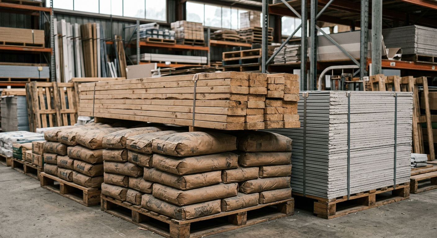 Pallets of timber, plasterboard and cement bags stored in a trade supply warehouse